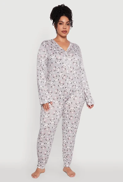 Womens Plus Size Panda Graphic Print Pajama Onesie, Grey, Size 1X