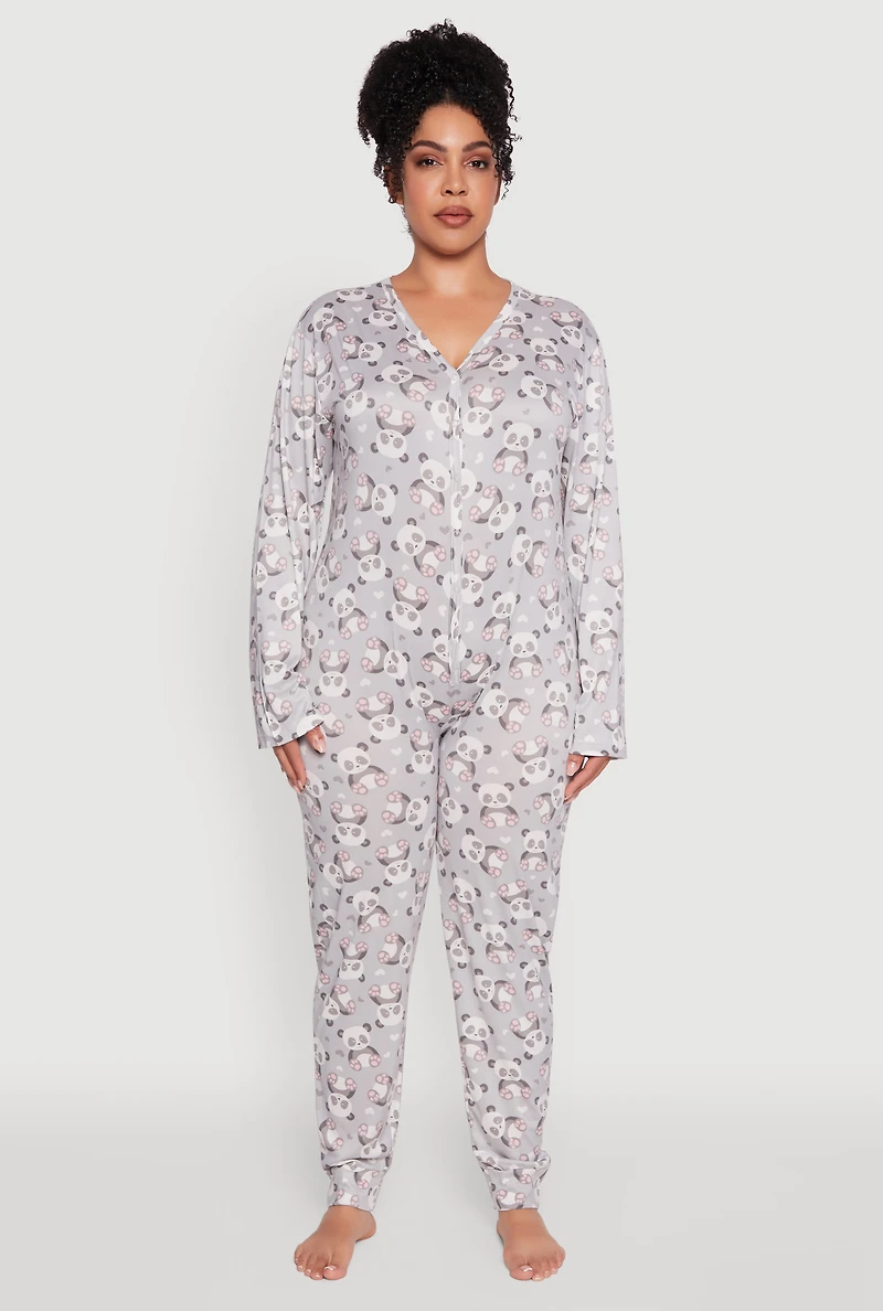 Womens Plus Size Panda Graphic Print Pajama Onesie, Grey, Size 3X