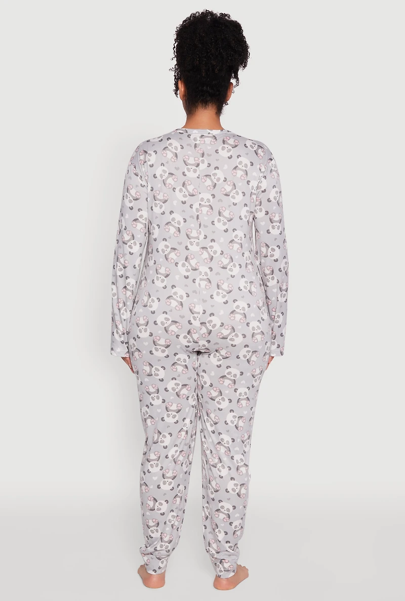 Womens Plus Size Panda Graphic Print Pajama Onesie, Grey, Size 3X