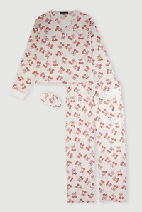 Plus Cherry Bow Print Waffle Knit Thermal Pajama Gift Set