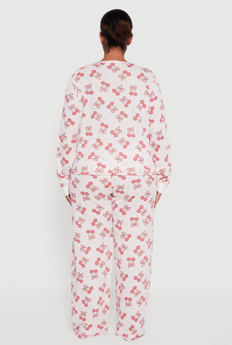 Plus Cherry Bow Print Waffle Knit Thermal Pajama Gift Set