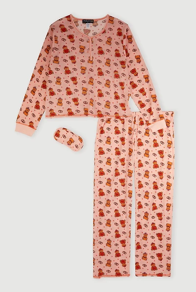 Plus Size Teddy Bear Waffle Knit Thermal Pajama Gift Set, Pink, Size 1X
