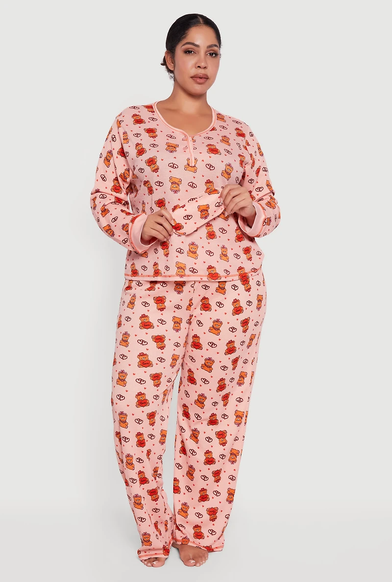 Plus Teddy Bear Waffle Knit Thermal Pajama Gift Set