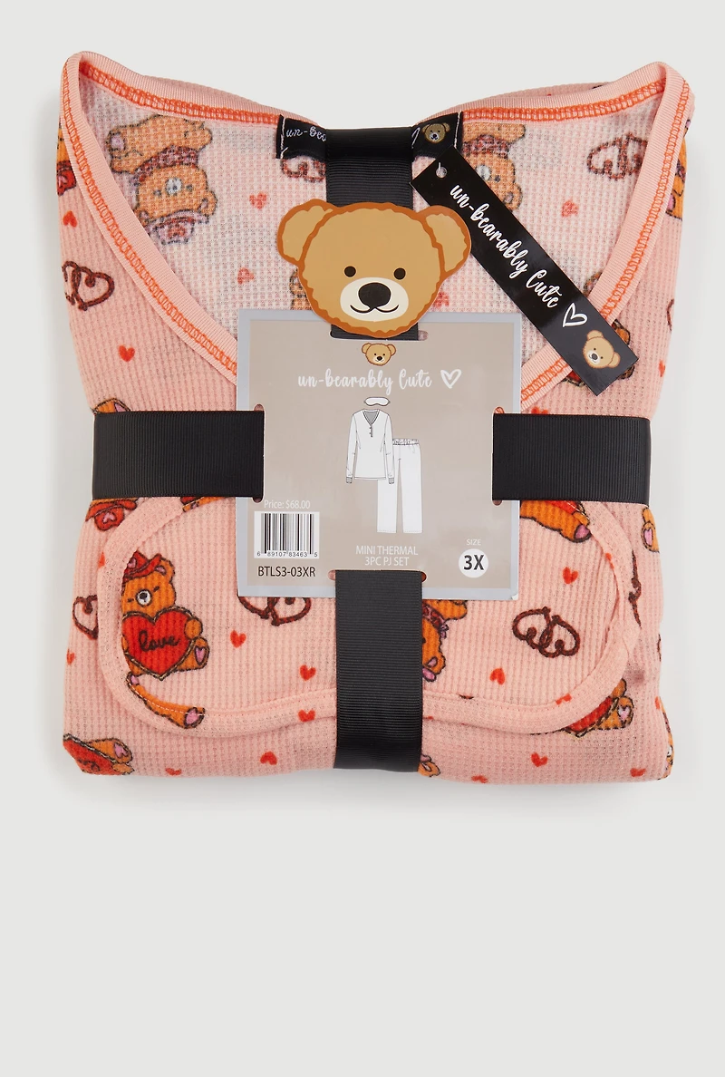 Plus Teddy Bear Waffle Knit Thermal Pajama Gift Set