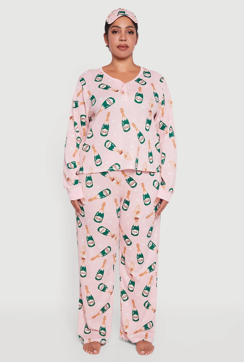 Plus Champagne Print Pajama Gift Set with Eye Mask
