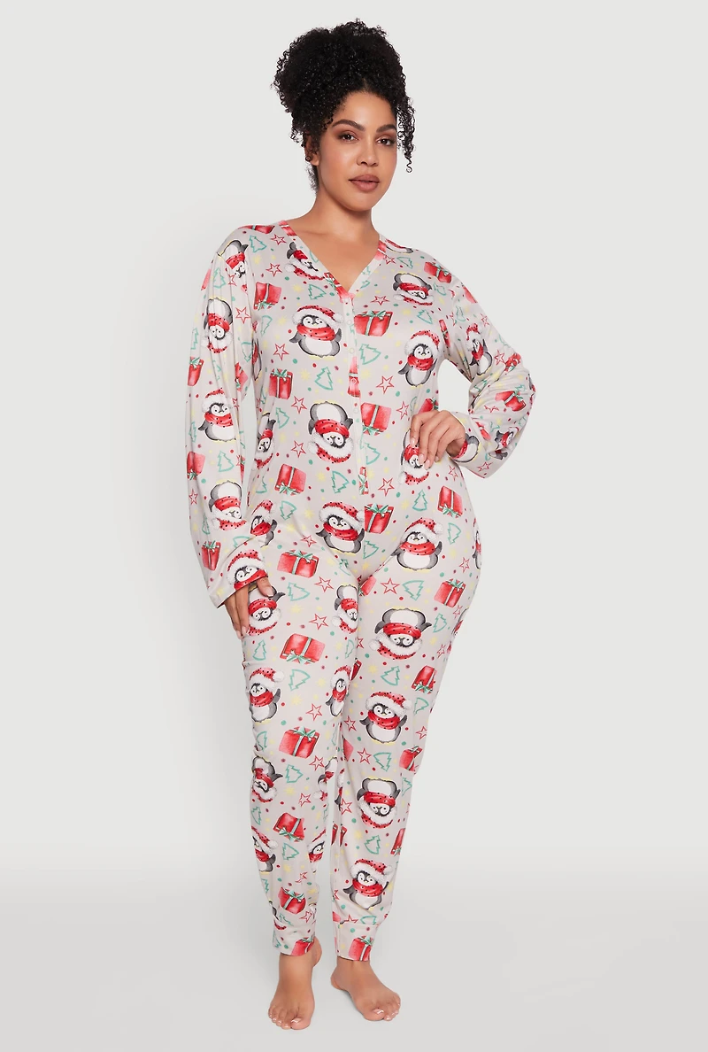 Plus Penguin Graphic Print Pajama Onesie