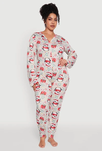 Plus Penguin Graphic Print Pajama Onesie
