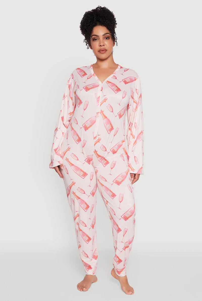 Womens Plus Size Champagne Graphic Print Pajama Onesie, Pink, Size 3X