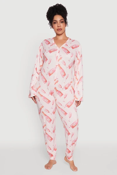 Womens Plus Size Champagne Graphic Print Pajama Onesie, Pink, Size 3X