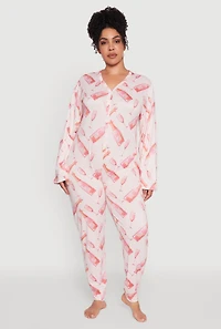 Womens Plus Size Champagne Graphic Print Pajama Onesie, Pink, Size 3X
