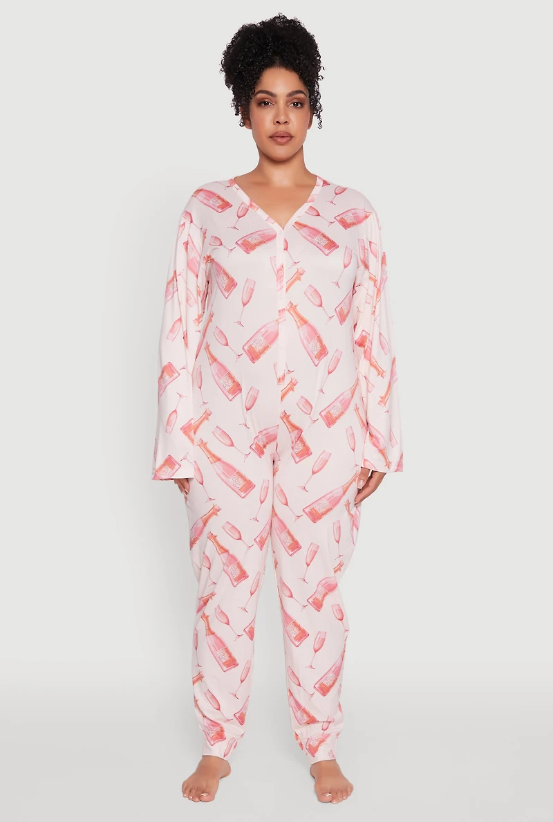 Womens Plus Size Champagne Graphic Print Pajama Onesie, Pink, Size 1X