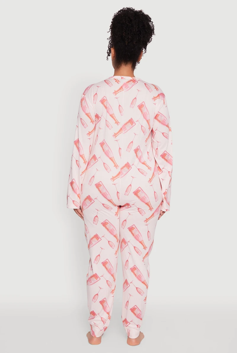 Womens Plus Size Champagne Graphic Print Pajama Onesie, Pink, Size 3X