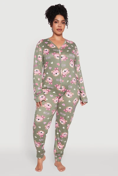 Womens Plus Dream Bear Graphic Print Pajama Onesie,
