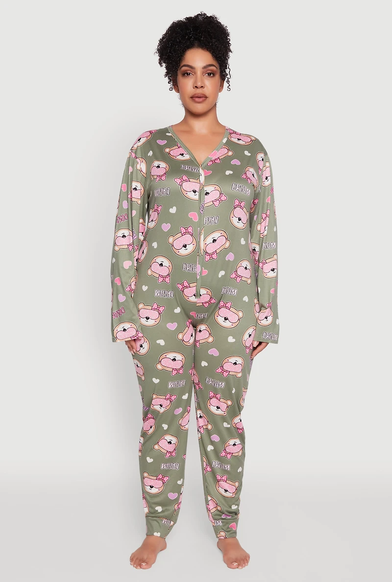 Womens Plus Dream Bear Graphic Print Pajama Onesie,
