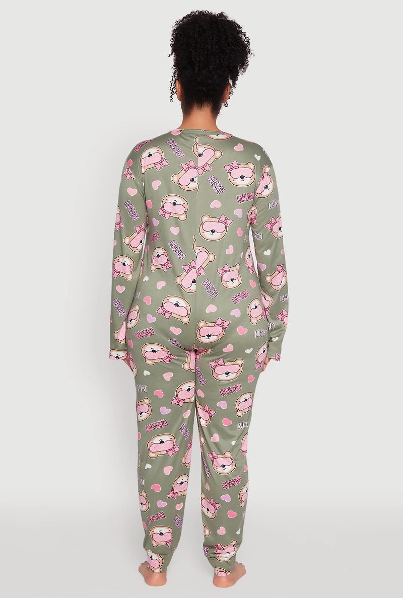 Womens Plus Dream Bear Graphic Print Pajama Onesie,