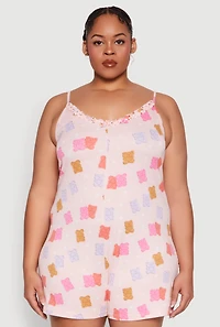 Womens Plus Size Gummy Bear Print Pajama Romper, Multi, Size 1X