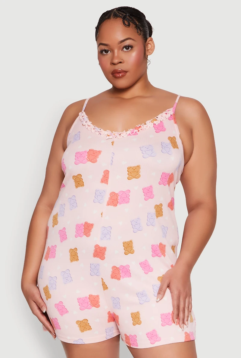Womens Plus Size Gummy Bear Print Pajama Romper, Multi, Size 2X