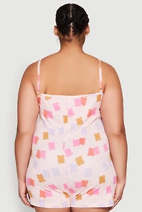 Womens Plus Size Gummy Bear Print Pajama Romper, Multi, Size 1X
