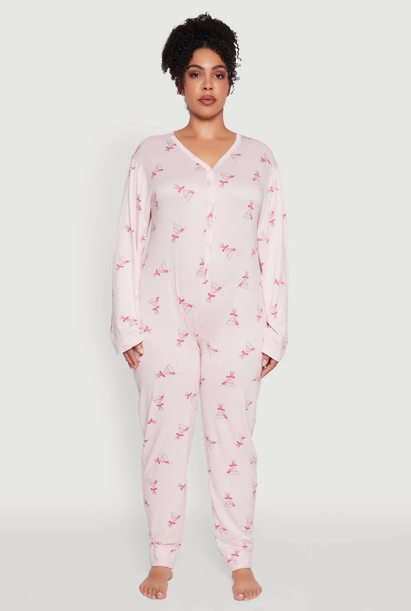 Womens Plus Size Martini Graphic Print Pajama Onesie, Pink, Size 2X