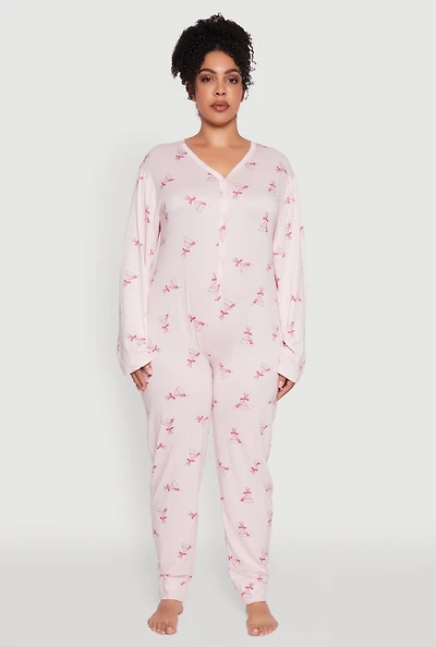 Womens Plus Size Martini Graphic Print Pajama Onesie, Pink, Size 2X