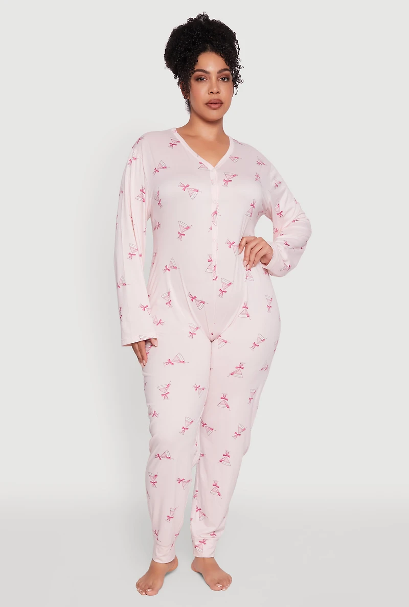 Womens Plus Size Martini Graphic Print Pajama Onesie, Pink, Size 2X