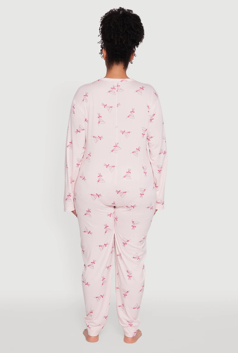 Womens Plus Size Martini Graphic Print Pajama Onesie, Pink, Size 2X