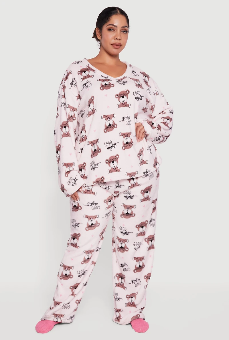 Plus Cozy Plush Teddy Bear Print Pajama Gift Set, White,