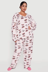 Plus Cozy Plush Teddy Bear Print Pajama Gift Set, White,
