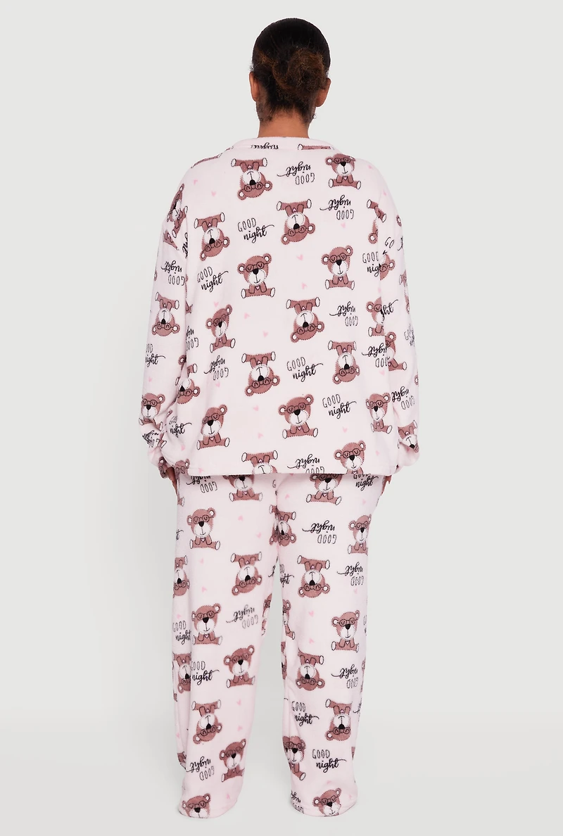 Plus Cozy Plush Teddy Bear Print Pajama Gift Set, White,