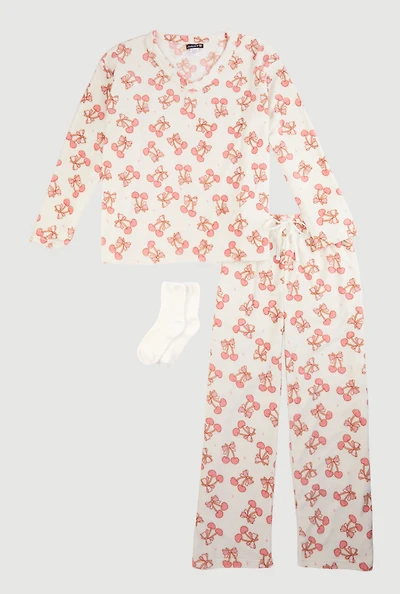 Plus Size Cherry Bow Print Plush Pajama 3 Piece Gift Set, White, Size 3X