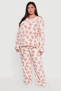 Plus Size Cherry Bow Print Plush Pajama 3 Piece Gift Set, White, Size 1X