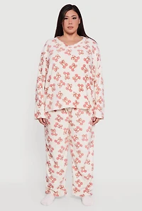 Plus Cherry Bow Print Plush Pajama 3 Piece Gift Set