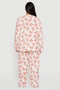 Plus Size Cherry Bow Print Plush Pajama 3 Piece Gift Set, White, Size 1X