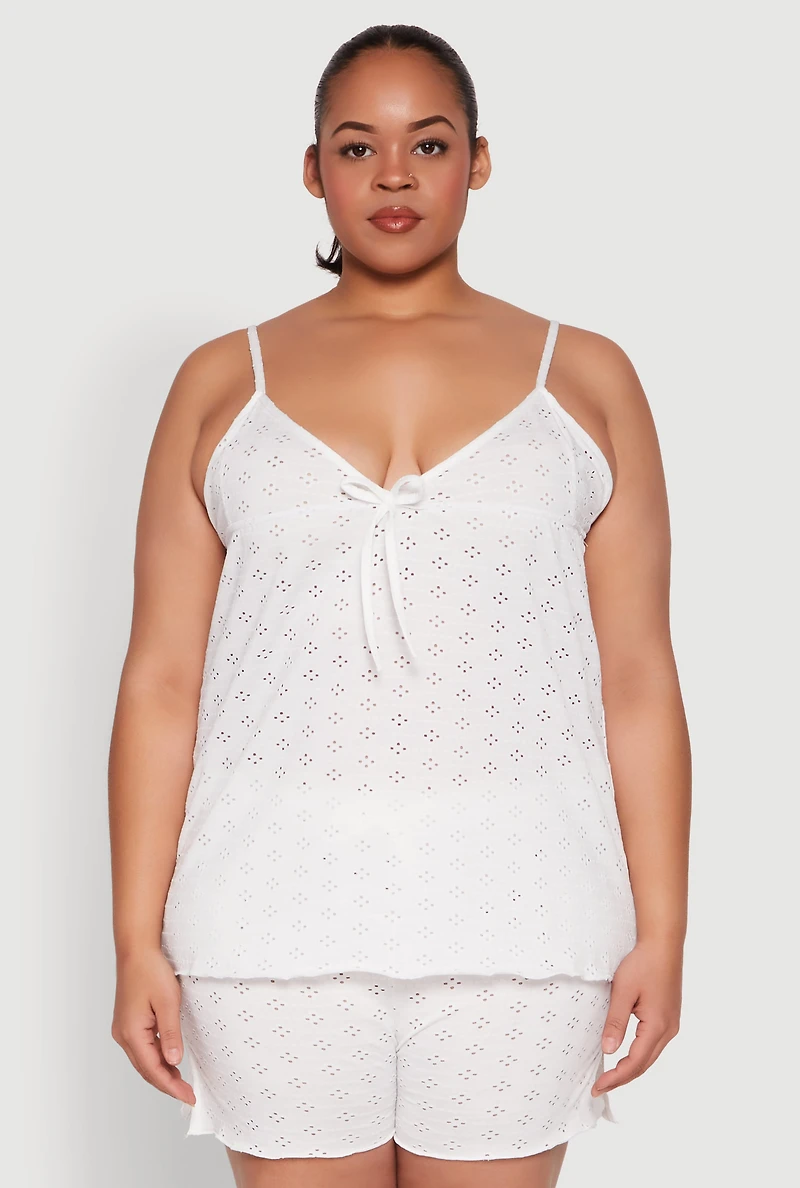 Womens Plus Size Eyelet Pajama Babydoll Cami and Shorts, White, Size 1X