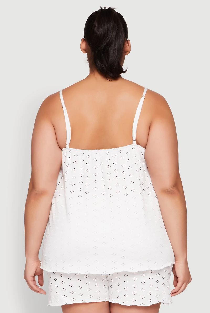 Womens Plus Size Eyelet Pajama Babydoll Cami and Shorts, White, Size 1X