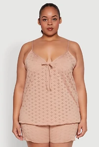 Womens Plus Size Eyelet Pajama Babydoll Cami and Shorts, Beige, Size 3X