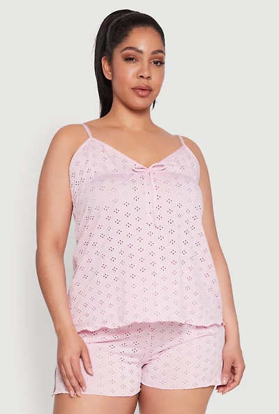 Womens Plus Size Eyelet Pajama Babydoll Cami and Shorts, Pink, Size 1X