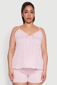 Womens Plus Size Eyelet Pajama Babydoll Cami and Shorts, Pink, Size 1X