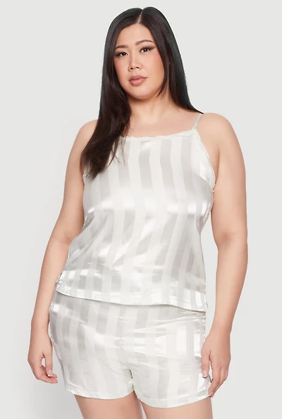 Womens Plus Size Satin Shadow Stripe Pajama Cami and Shorts, White, Size 1X