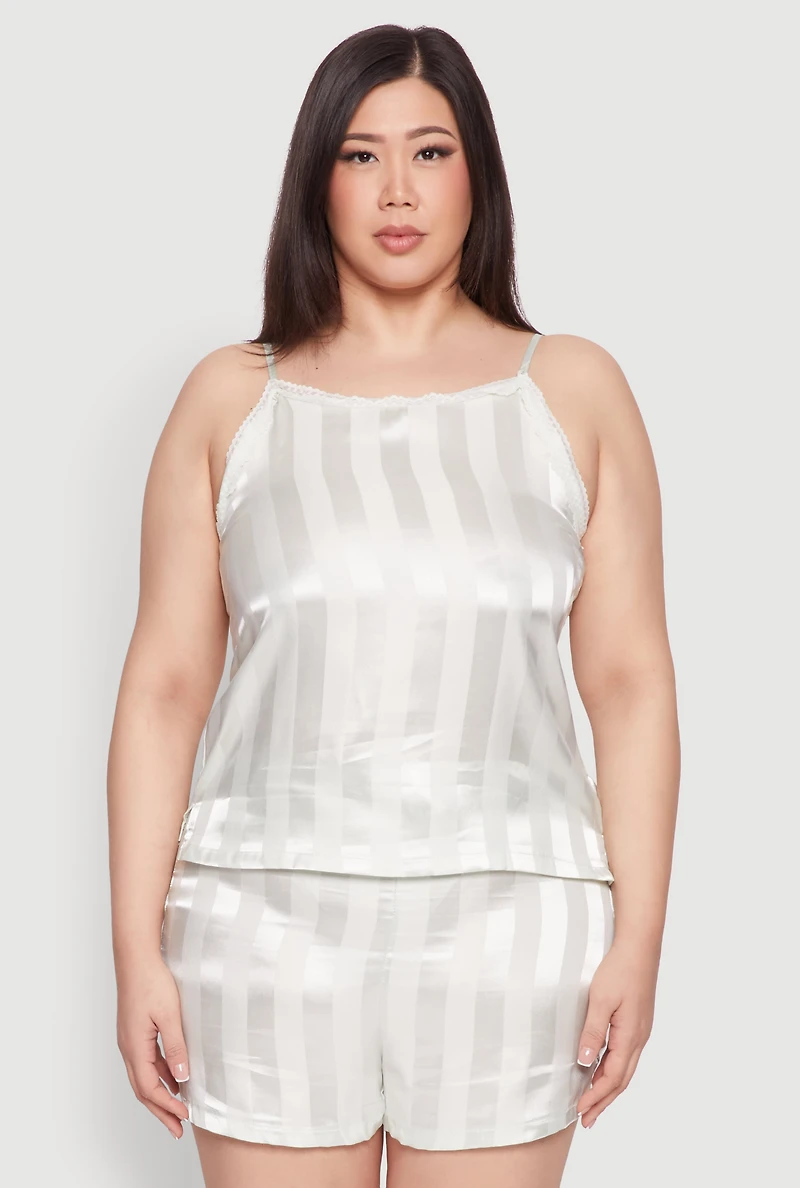 Womens Plus Size Satin Shadow Stripe Pajama Cami and Shorts, White, Size 2X