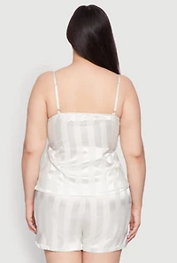 Womens Plus Size Satin Shadow Stripe Pajama Cami and Shorts, White, Size 3X