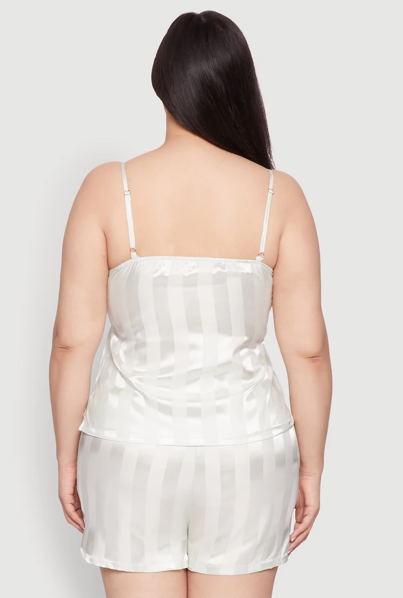 Womens Plus Size Satin Shadow Stripe Pajama Cami and Shorts, White, Size 2X