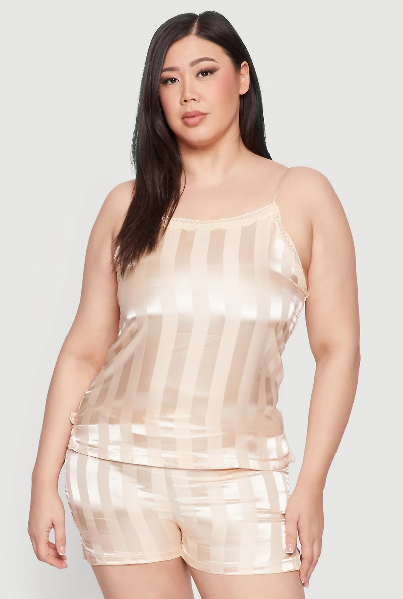 Womens Plus Size Satin Shadow Stripe Pajama Cami and Shorts, Beige, Size 1X