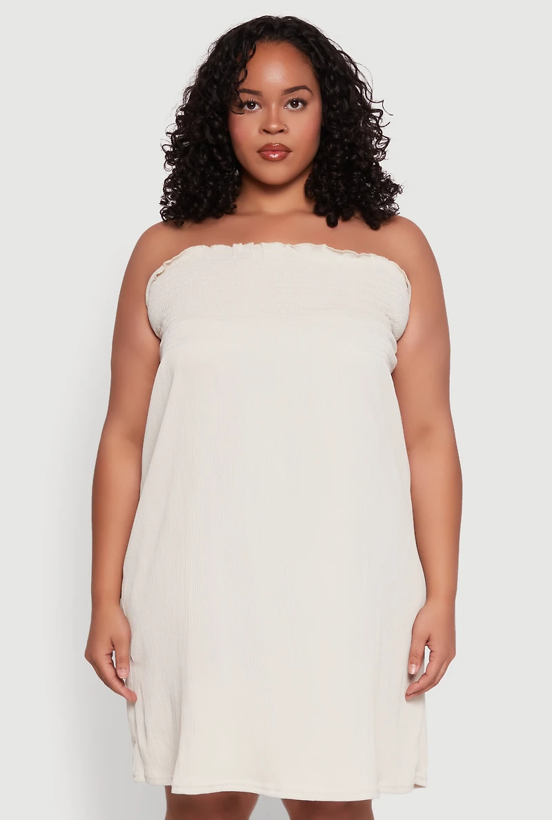 Womens Plus Size Smocked Strapless Sleeveless Lingerie Pajama Nightgown, Beige, Size 2X