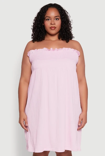 Womens Plus Size Smocked Strapless Sleeveless Lingerie Pajama Nightgown, Pink, Size 2X