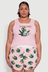 Womens Plus Size Dont Care Bear Graphic Pajama Tank Top and Shorts, Pink, Size 2X