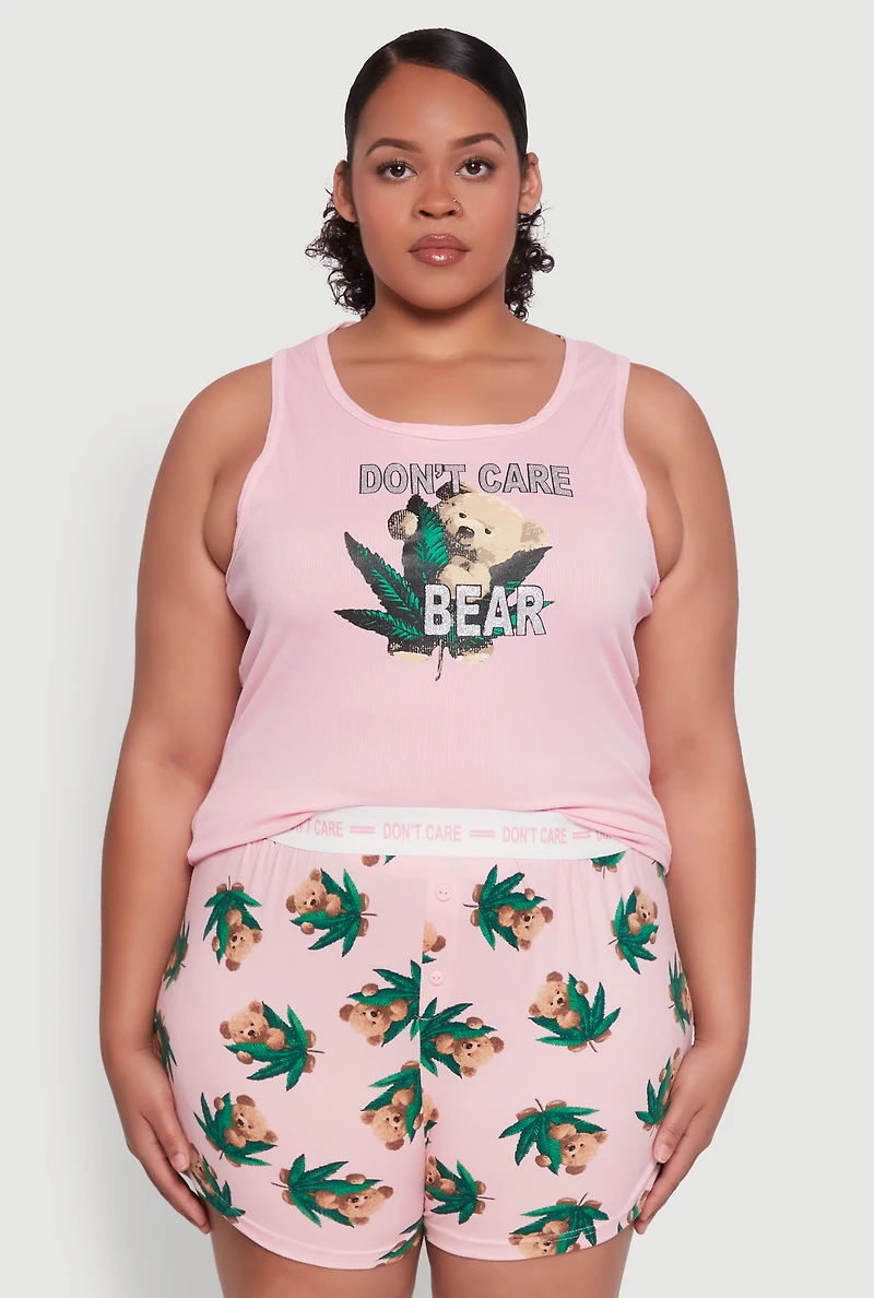 Womens Plus Dont Care Bear Graphic Pajama Tank Top and Shorts, Pink,