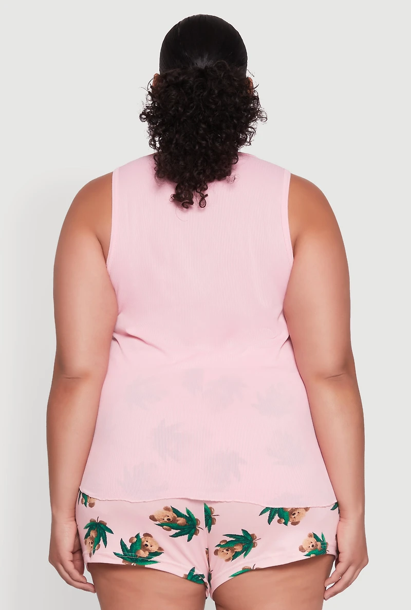 Womens Plus Dont Care Bear Graphic Pajama Tank Top and Shorts, Pink,