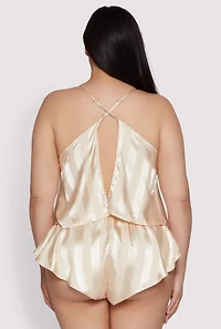 Womens Plus Size Shadow Stripe Strappy Back Pajama Cami with Shorts, Beige, Size 2X