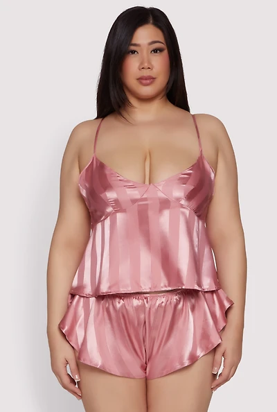 Womens Plus Size Shadow Stripe Strappy Back Pajama Cami with Shorts, Pink, Size 1X